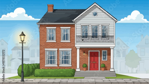 Charming Two Story Brick and Siding House with Red Door.