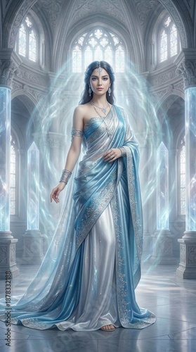 Ethereal Woman in Radiant Blue Dress in Fantasy Setting