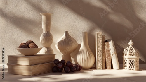Elegant still life composition with books vases and decorative elements