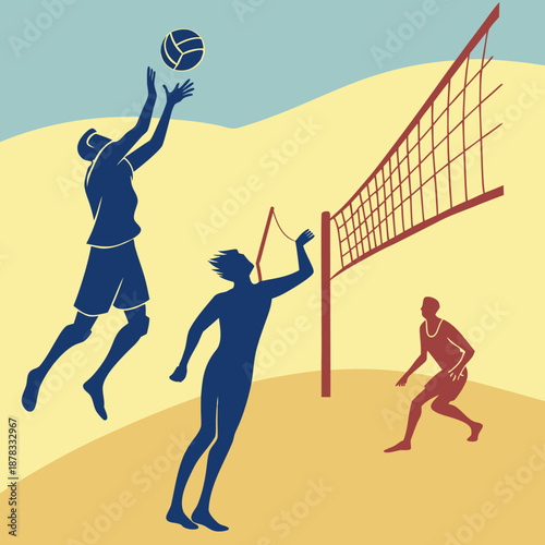 Beach volleyball players in action on sunny sandy court