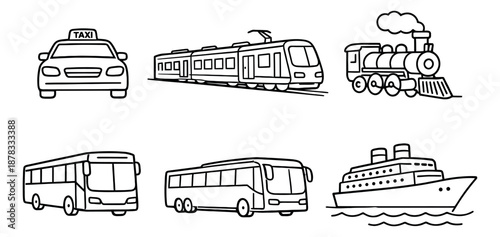 Hand drawn line art public transportation set featuring a taxi, trains, buses, and a ship for travel