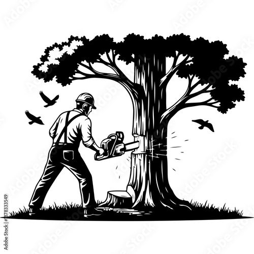 Man with Saw Under Tree