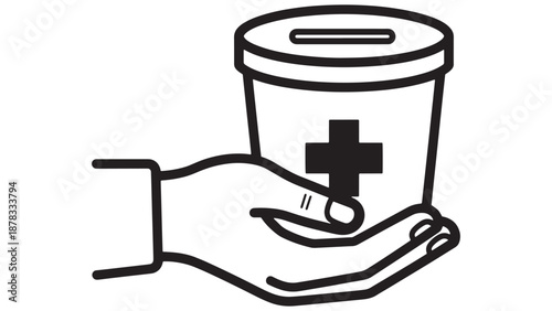 Hand presenting medical donation box icon representing healthcare funding charity support and financial contribution management vector illustration