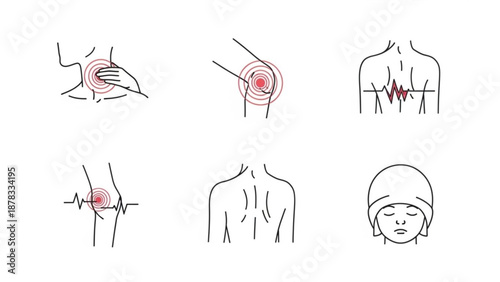 A set of six line drawings depicting various human body parts with pain points
