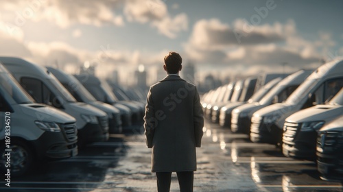 Man standing in parking lot looking at delivery vans in city during sunset with skyline in background and clouds in sky