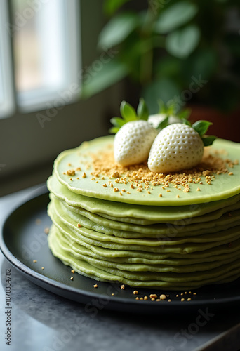 matcha green tea mille crepe cake, white strawberries and gold garnish, black ceramic plate, soft natural window light