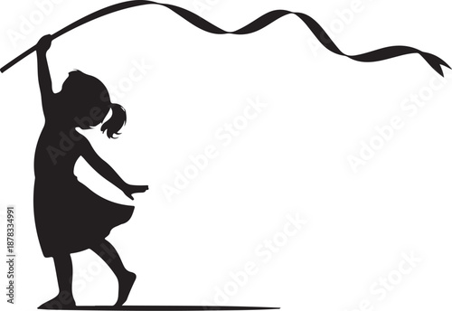 Silhouette of a Girl Holding a Ribbon black white
