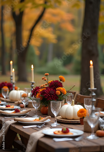 grand outdoor thanksgiving table in an autumn forest, white pumpkins and burgundy dahlias, crystal glassware, 8k