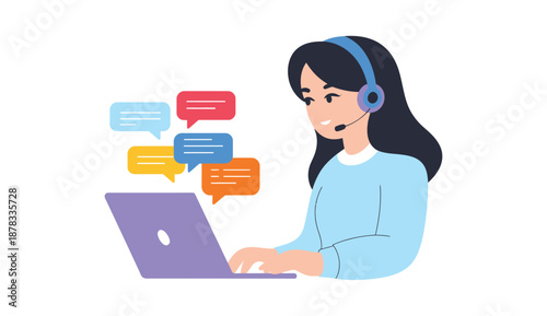 Female customer service representative with headset typing on laptop, providing professional online chat support, remote help desk communication.