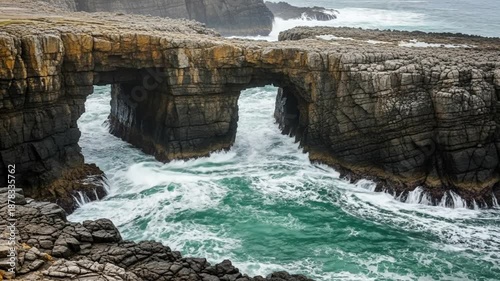 Dramatic sea arch and crashing waves on rocky coastline, turbulent ocean