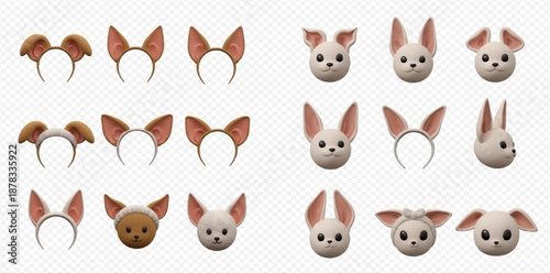 Set of cute animal ear headbands and cartoon faces for party costumes or digital avatars.