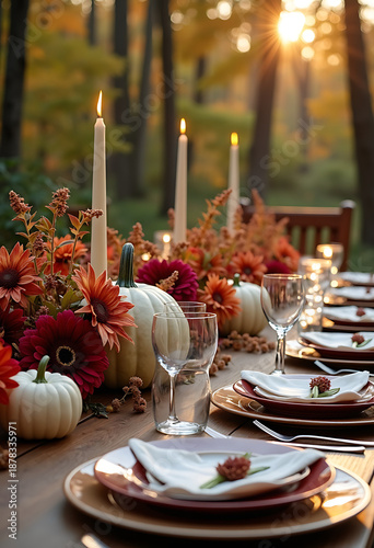 autumnal thanksgiving table in the woods, white pumpkins and burgundy dahlias, crystal glassware, seasonal holiday decor