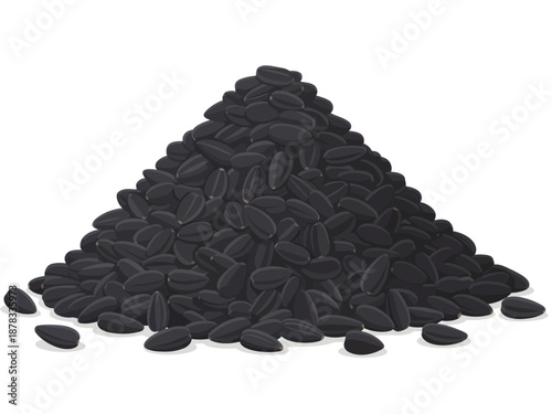 A dense, conical heap of smooth, jet-black seeds with subtle highlights sits on a white surface, with a few stray kernels scattered loosely at the base