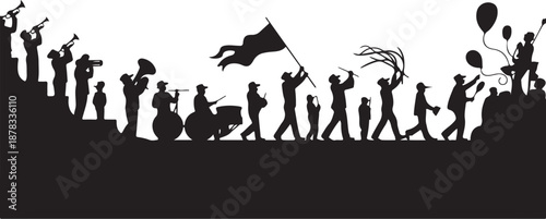 Silhouette of diverse people marching with flags and balloons