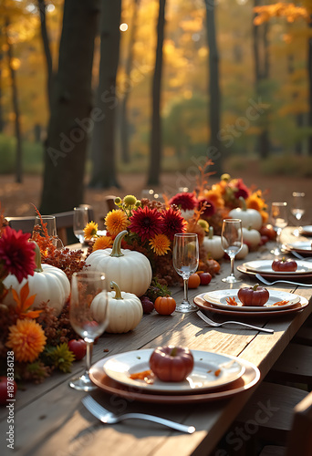 outdoor thanksgiving banquet in a forest during fall, white pumpkins, burgundy flowers, crystal glass, 8k feast