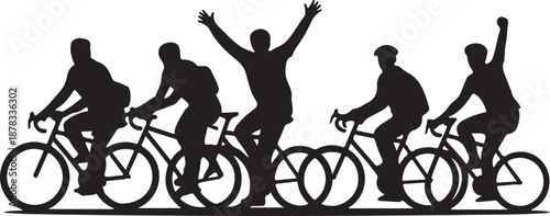 Silhouette of five cyclists riding bicycles with one raising arms in celebration