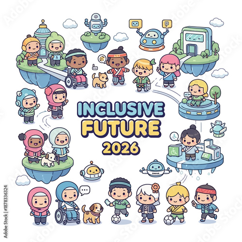 Diverse kids with disabilities play on futuristic floating islands with robots