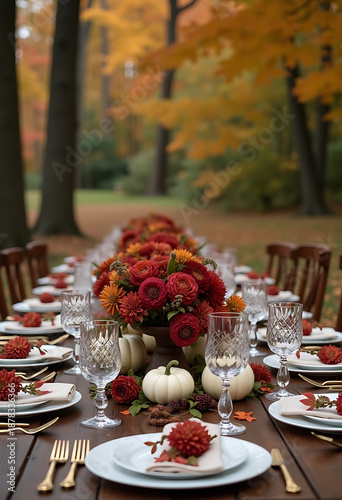 forest clearing thanksgiving table, autumn foliage, white pumpkins and burgundy dahlia centerpiece, crystal glassware