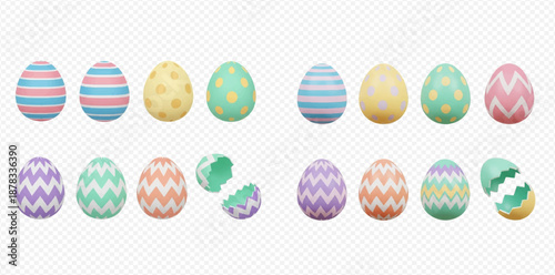 Set of colorful 3D rendered Easter eggs with various patterns and a broken eggshell, isolated on a transparent background, perfect for holiday designs and spring celebrations.
