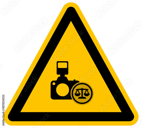 Señal de advertencia de cámara fotográfica y símbolo de justicia derecho legal imagen vectorial