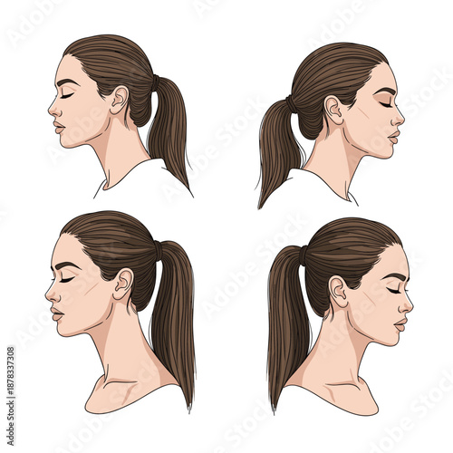Set of four illustrations showing a woman with brown hair in a ponytail, viewed from different side profile angles for a 360-degree effect.