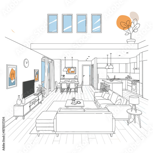 Detailed line art illustration of a modern open-plan apartment interior, showing the living room, dining area, and kitchen with sparse color accents.