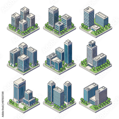 Isometric vector set of nine modern city office building compositions, featuring high-rise towers and corporate headquarters with surrounding green trees.