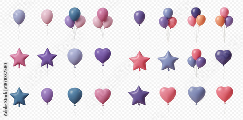 Set of colorful 3D rendered balloons in various shapes and arrangements, perfect for celebrations and festive designs.