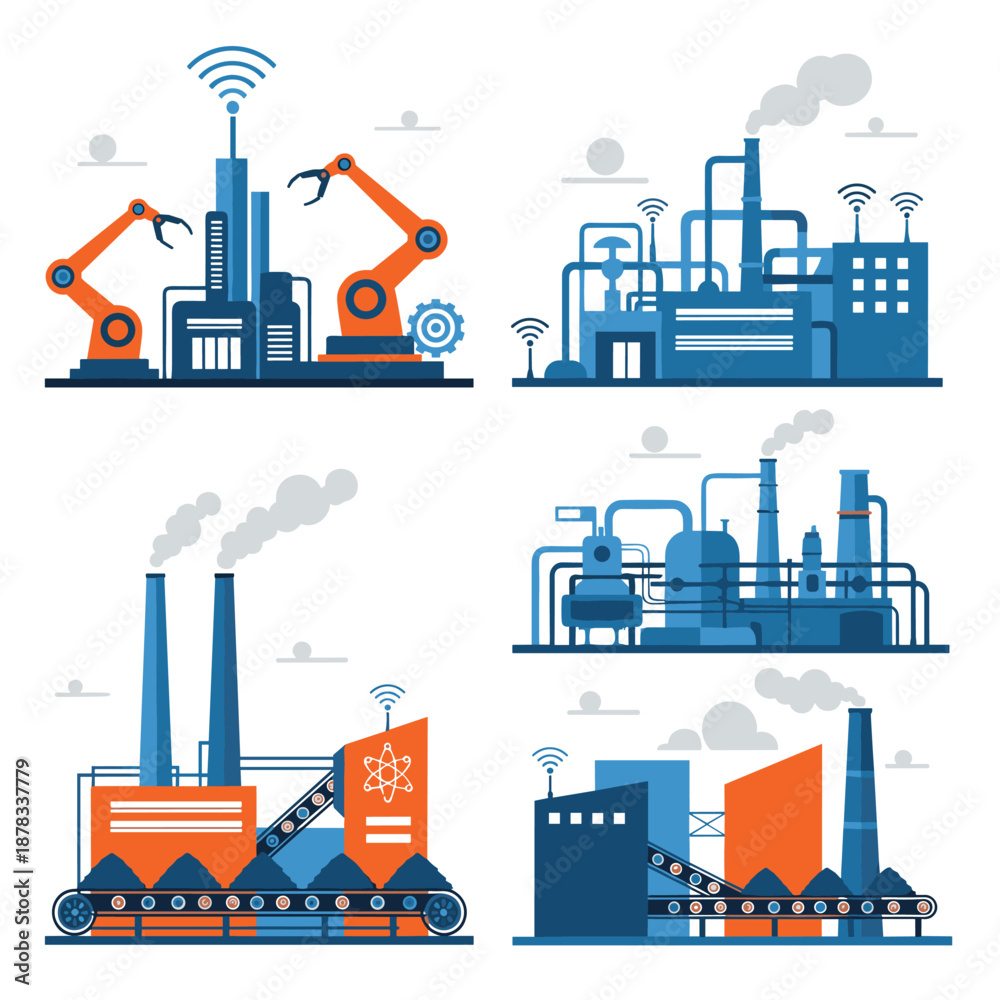 Obraz premium Collection of four modern and automated industrial factory designs, featuring robotic arms, conveyor belts, and smart manufacturing technology.