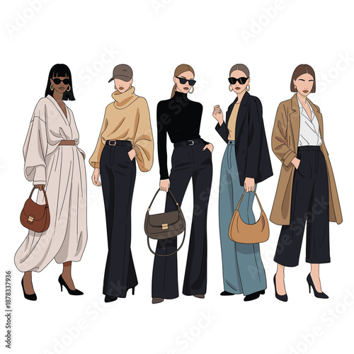 Five stylishly dressed women in modern, chic outfits, showcasing contemporary street style fashion with a minimalist and elegant aesthetic.