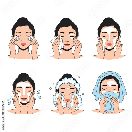 Six-step visual guide of a woman's facial cleansing routine, including makeup removal, washing with foam, and drying with a soft towel.