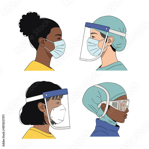 Side profile illustrations of four individuals, including medical staff, wearing various types of personal protective equipment like face masks and shields.