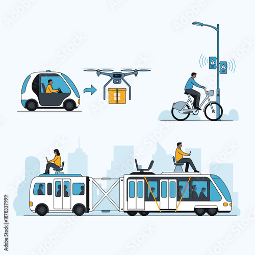 Illustrations of futuristic and smart transportation methods, including an autonomous pod car, a delivery drone, an e-bike, and a modular tram system.