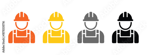 Construction worker icons wearing orange yellow gray and black hard hats, skilled workforce ready for safe and productive job site work.