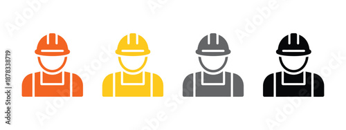 Construction worker icons wearing orange yellow gray and black hard hats, skilled workforce ready for safe and productive job site work.