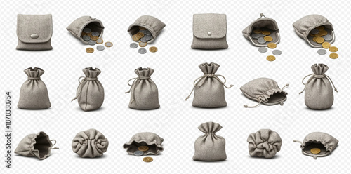 Set of realistic linen money bags and pouches with gold and silver coins.