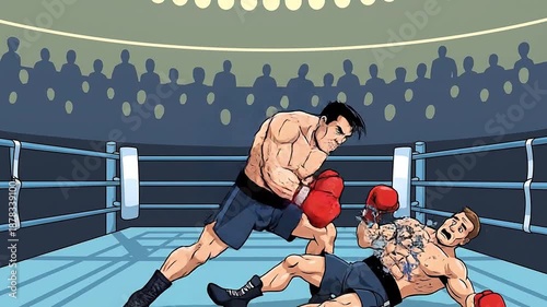 Boxer delivers knockout punch winning the fight in a cartoon style