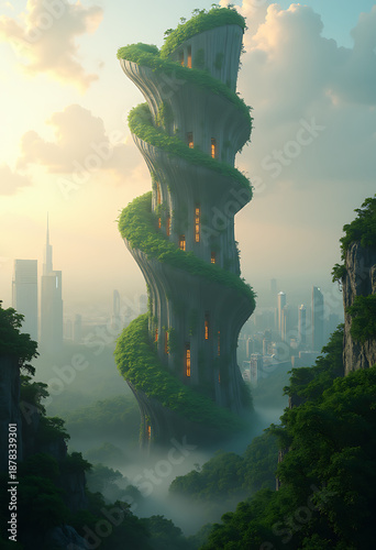 dna shaped skyscraper with living moss and vines, futuristic jungle city at sunrise, cinematic sci fi building art