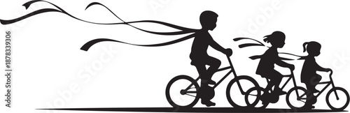 Three Children Riding Bicycles Silhouette with Wind Streams