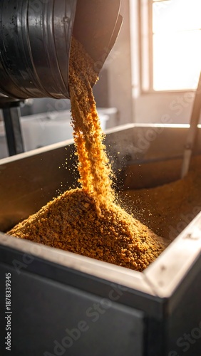 A large container pouring orange pellets into a metal bin