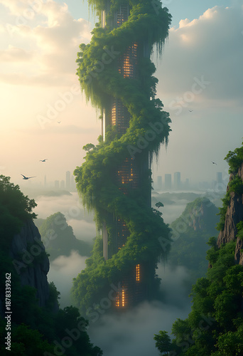 futuristic dna helix skyscraper, bio organic architecture with moss and vines, misty jungle city at dawn, 8k render