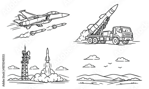 Hand drawn line art military set featuring a fighter jet, missile launcher truck, and rocket launch for defense concepts