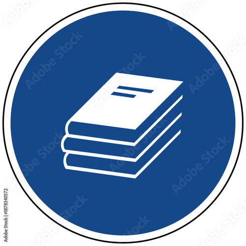 Vektor Illustration eines blauen runden Schildes mit einem weißen Buchstapel Symbol für Bildung Bibliothek Literatur Wissen und Schule