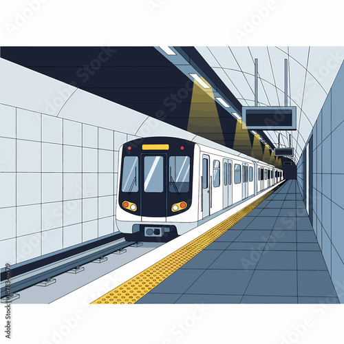 Modern train arriving at a sleek underground station platform with clean architecture and bright lighting