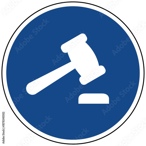Vektor Illustration eines blauen runden Schildes mit einem weißen Richterhammer Symbol für Justiz Recht Gesetz Gerichtsbarkeit und Urteil