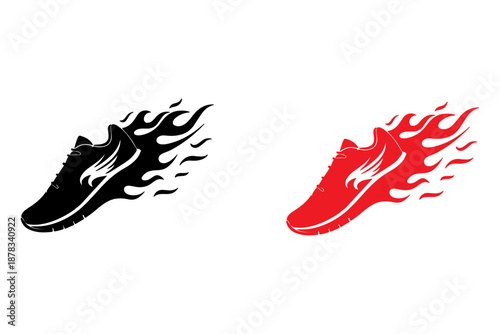 Flaming sneaker vector SVG speed shoe clipart in black and red, dynamic running footwear illustration symbolizing motion, energy, fast performance and sport design