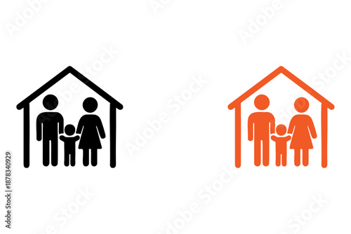 Iconographic representation of a nuclear family inside a home structure in simple black and orange line style, symbolizing safety, togetherness, care and family protection