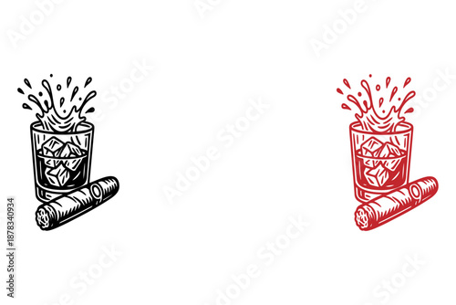 Whiskey glass with ice splashing and cigar illustration in black and red line art style, luxury drinking concept for bar, lounge, nightlife and premium branding
