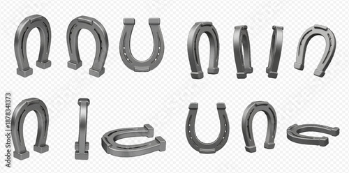 Set of metal horseshoes from different angles, symbol of luck and protection.