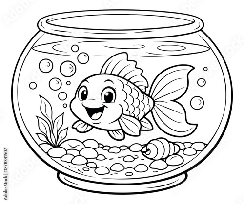 Hand drawn line art illustration of a happy goldfish in a fishbowl depicting a pet fish for children's coloring books